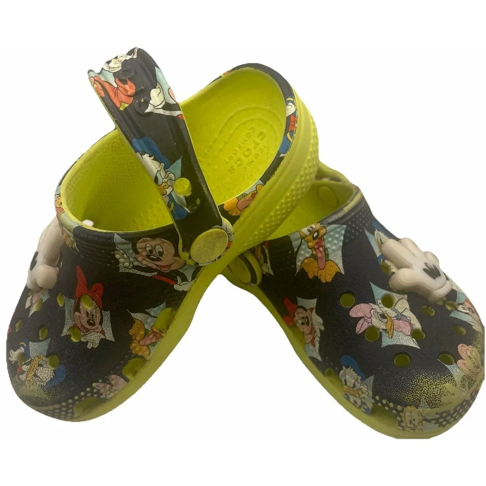 Disney Mickey Minnie Crocs Kids C8 Black‎ Lime Classic Clog Jibbitz Toddler